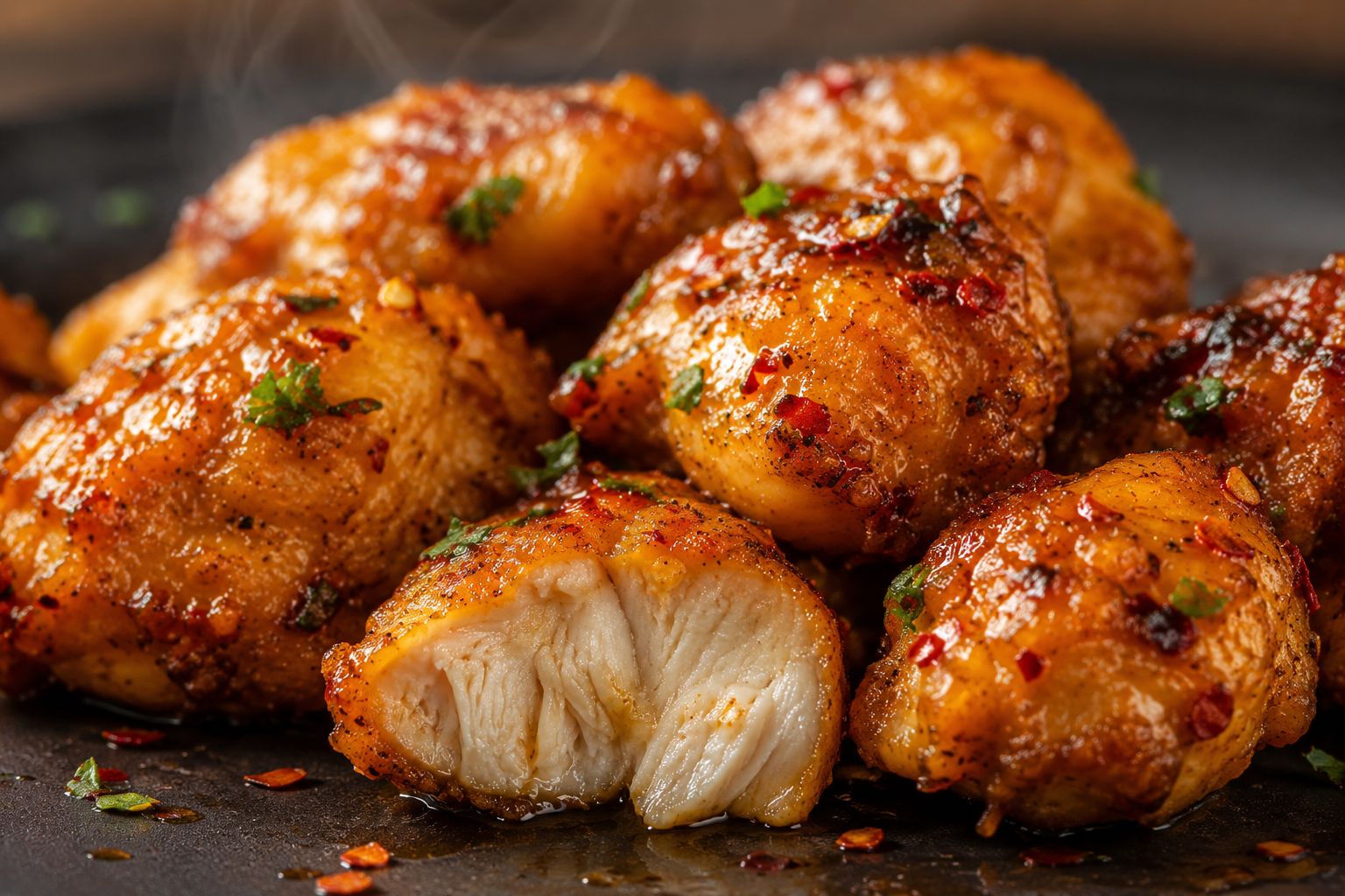 Crispy air fryer chicken bites drizzled with hot honey