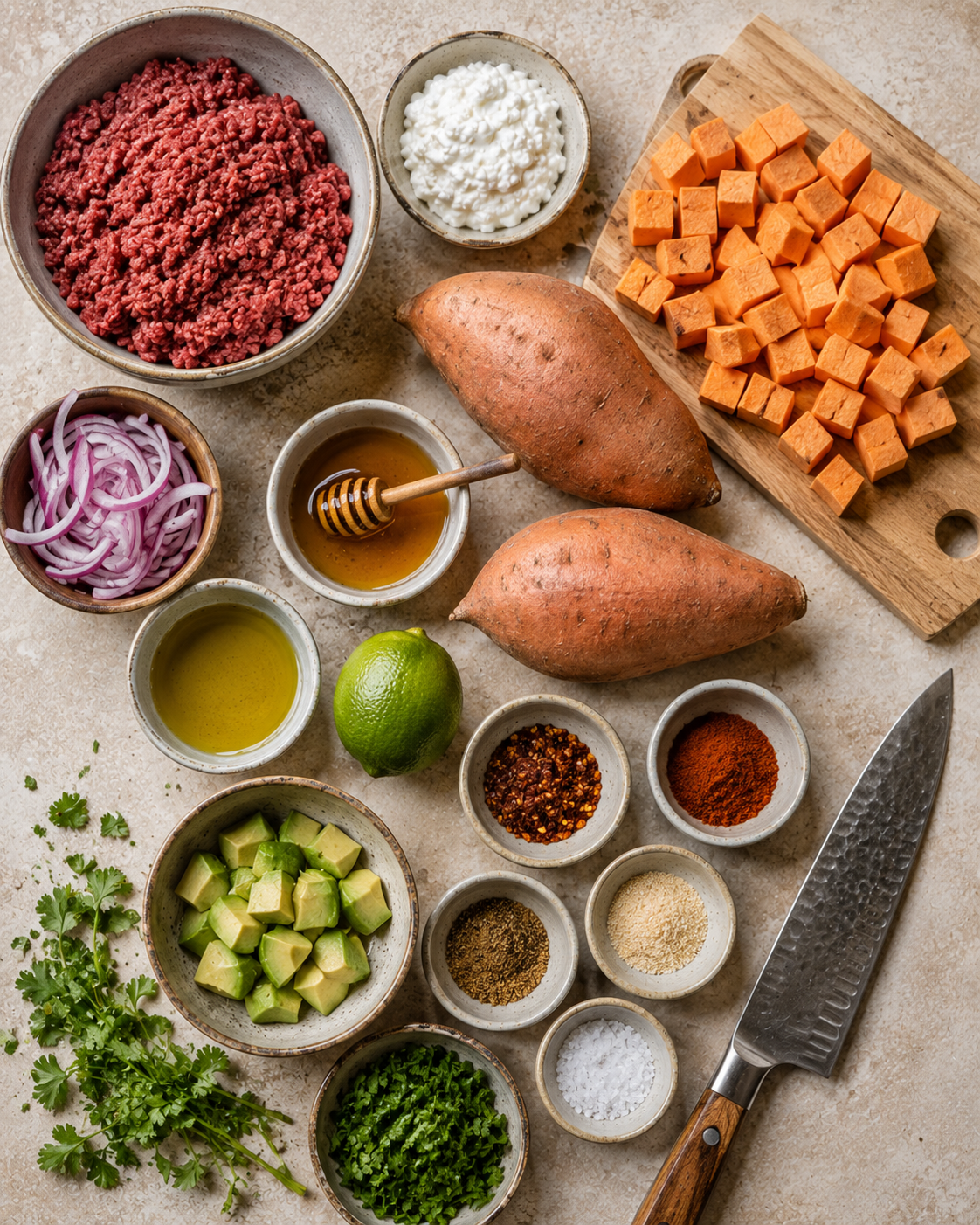 Close-up of beef sweet potato bowl with cottage cheese