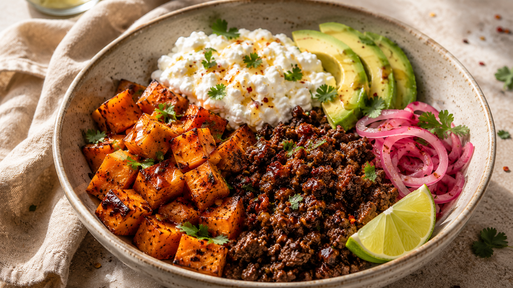 Sweet potato beef bowl with cottage cheese and hot honey